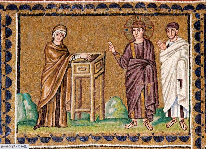 Die arme Witwe am Opferkasten, Mosaik, 6. Jahrhundert, in der Basilika Santae Apollinare Nuovo, Ravenna