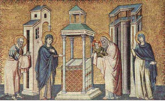 Darstellung des Jesusknaben im Tempel. Mit Simeon und der Prophetin Hanna um 1291, Mosaik. Rom, Santa Maria in Trastevere