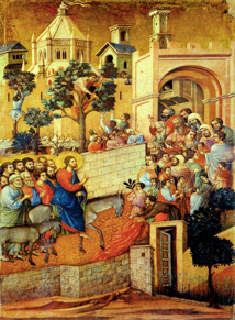 «Einzug Jesu in Jerusalem», Duccio (di Buoninsegna), Teilbild der Rückseite eines Altarbildes zur Passion Christi, 1308, stand ursprünglich in der Kathedrale von Siena, heute im Museo dell’Opera del Duomo in Siena.

 
