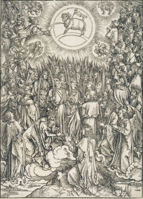 «Lobgesang der Auserwählten / Anbetung des Lammes», Albrecht Dürer, Holzschnitt aus der Folge von der Apokalypse, ca. 1496-1498, Urausgabe Latein 1498