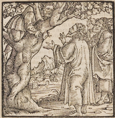(«Die Begegnung zwischen Christus und dem Zöllner Zachäus». Unbekannter Stecher, 1501-1550, Druckgraphik in der Herzog August Bibliothek in Wolfenbüttel).
